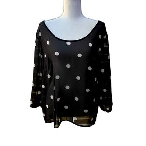 Divided H&M black white polka dot sheer blouse size 14 round neck long sleeve